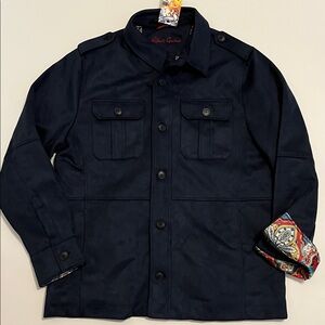 Robert Graham Utility Jacket Men's M Vegan Suede Blue zip button front $268